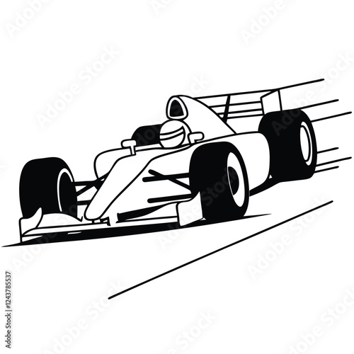 Minimalist line-art illustration of a high-speed Formula 1 race car, 