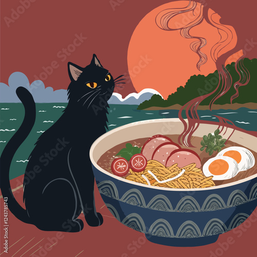 Sleek black cat with fiery orange eyes eating from oversized ramen bowl. Generative AI.
