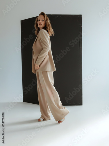 Natural look. Beauty model woman . Model test portrait with young beautiful fashion model posing on dark grey background. Blond woman in a biege blazer . Natural makeup