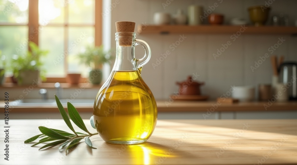 Sleek minimalist kitchen setup with a glass bottle of golden olive oil Sleek minimalist kitchen setup with a glass bottle of golden olive oil