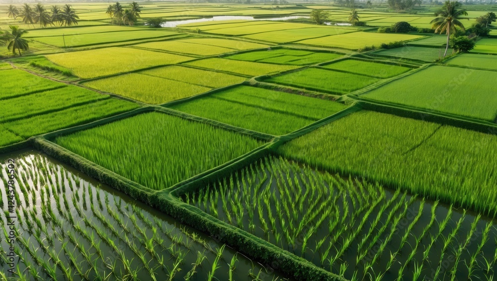 Lush Aerial View of Expansive Green Paddy Fields Highlighting Rice Growth During the Vibrant Growing Season Lush Aerial View of Expansive Green Paddy Fields Highlighting Rice Growth During the Vibrant Growing Season