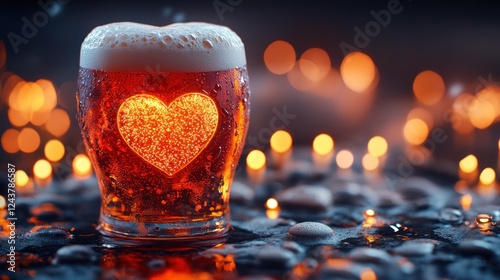 Romantic beer heart, bokeh background, pub photo