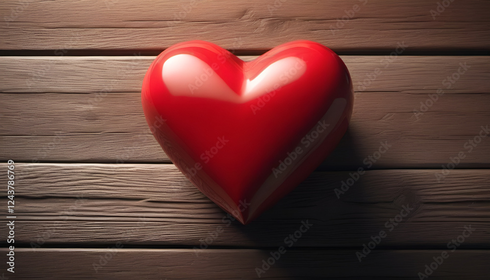 Decorative Heart in Glossy Red Style Against Wooden Surface Decorative Heart in Glossy Red Style Against Wooden Surface