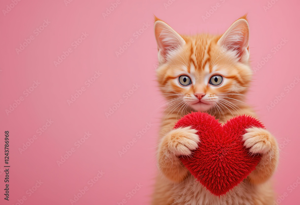 Ginger kitten hugging red heart. Cute cat on pink background. Valentine's Day love concept. Banner, advertisement, billboard for animal shelter, veterinary clinic Ginger kitten hugging red heart. Cute cat on pink background. Valentine's Day love concept. Banner, advertisement, billboard for animal shelter, veterinary clinic
