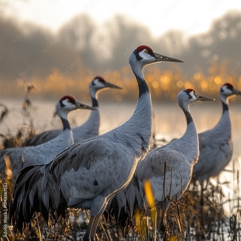 Obraz premium A serene gathering of cranes standing gracefully by a tranquil lake at sunrise, with soft golden light illuminating the scene