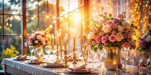 Sunlit Wedding Table Decor: Large Windows, Elegant Setting, Romantic Atmosphere photo