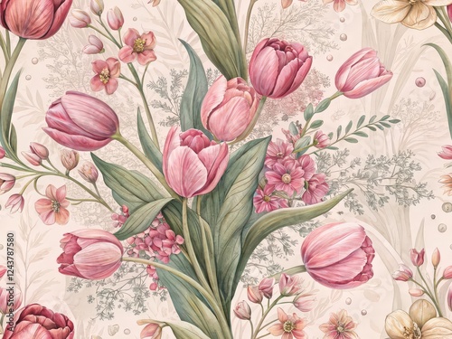 A seamless pattern Floral Tapestry: A vibrant bouquet of pink tulips blooms luxuriantly against a delicate backdrop of leaves and blossoms in a captivating, intricate watercolor illustration.