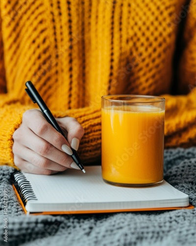 Person Journaling with Gratitude While Sipping Orange Drink