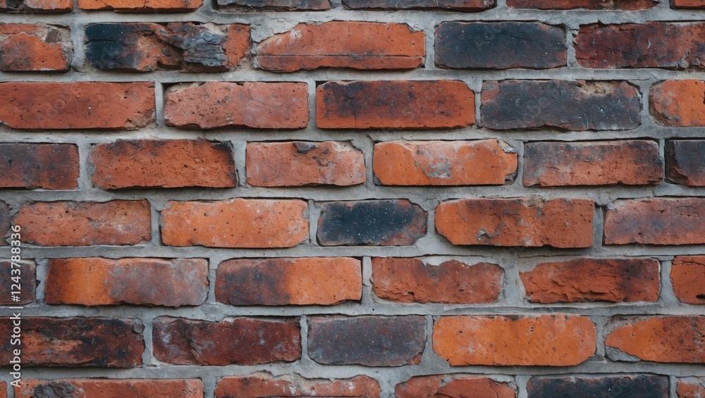 Naklejka premium Detailed closeup of a textured brick wall showcasing various shades of red and brown bricks, highlighting the unique patterns and imperfections.