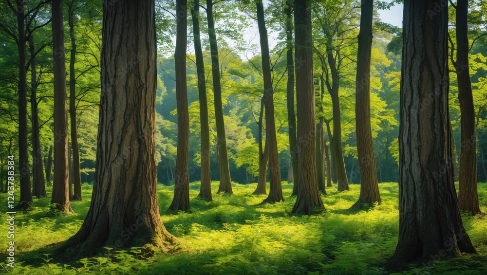 Lush Green Forest Scene with Majestic Tree Trunks Illuminated by Warm Sunlight on a Tranquil Day Lush Green Forest Scene with Majestic Tree Trunks Illuminated by Warm Sunlight on a Tranquil Day