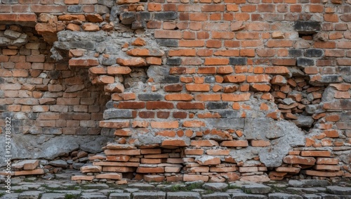 Crumbling brick wall texture of an old building revealing historical decay and rustic charm ideal for architectural and historical themes photo