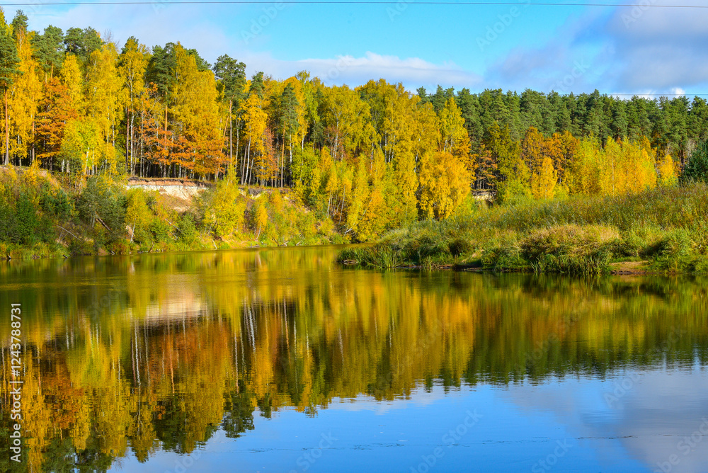 A serene autumn forest scene with vibrant yellow and orange foliage, tall trees, and a small river reflecting the colorful landscape. A serene autumn forest scene with vibrant yellow and orange foliage, tall trees, and a small river reflecting the colorful landscape.