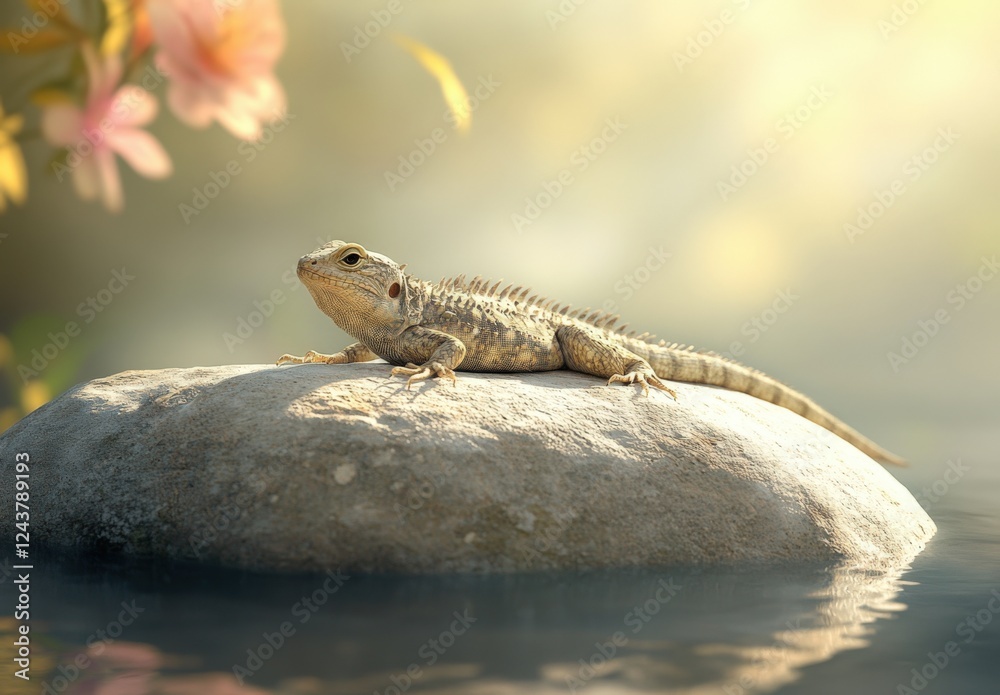 Obraz premium A lizard basking on a warm, large stone. The photo captures the moment of tranquility and the natural behavior of the reptile in its habitat.