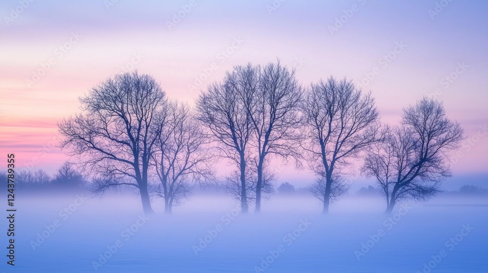 Serene Winter Dawn: Misty Trees in a Lavender Sky Serene Winter Dawn: Misty Trees in a Lavender Sky