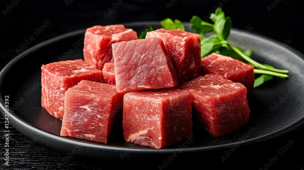 Raw Cubes of Intense Marbled Beef on a Black Plate Raw Cubes of Intense Marbled Beef on a Black Plate