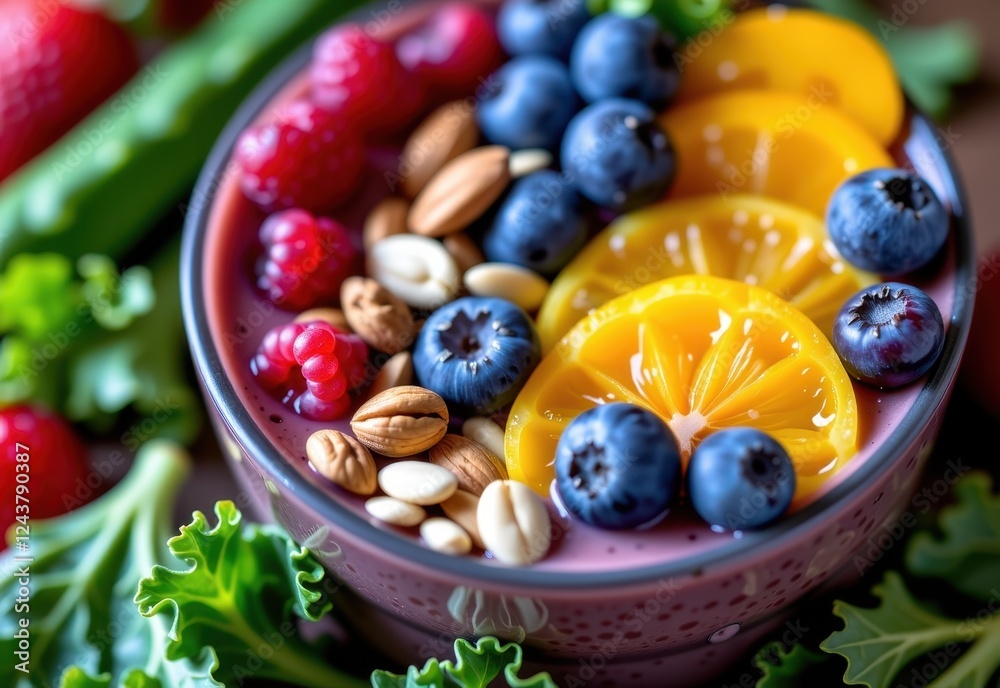 A vibrant acai bowl overflowing with fresh berries nuts and seeds This healthy breakfast or snack is a perfect blend of flavors and nutrients.