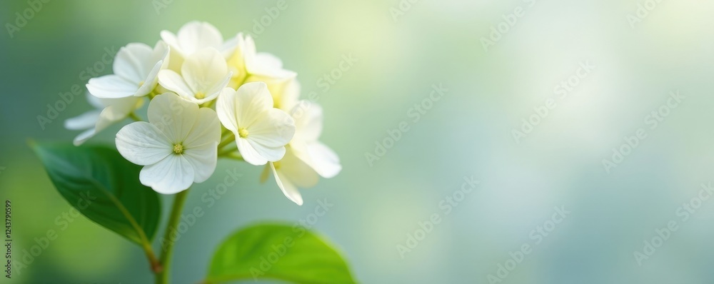 A delicate white bloom starts to form at the tip of a broom-like stem, spring, white, hydrangea A delicate white bloom starts to form at the tip of a broom-like stem, spring, white, hydrangea