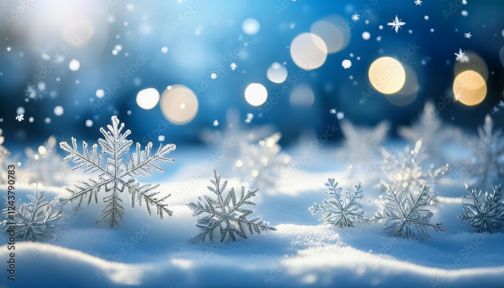 winter scene featuring soft snowflakes on shimmering snow with a tranquil blue background and gentle bokeh effect winter scene featuring soft snowflakes on shimmering snow with a tranquil blue background and gentle bokeh effect