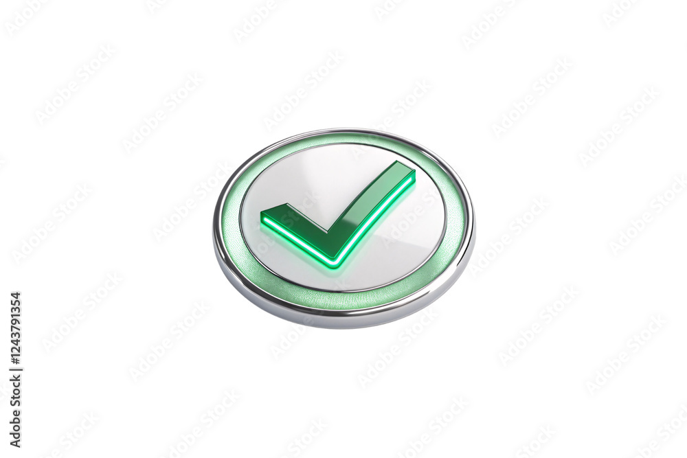 A circular button with a green checkmark on a white background, encased in a metallic frame, representing approval or success A circular button with a green checkmark on a white background, encased in a metallic frame, representing approval or success