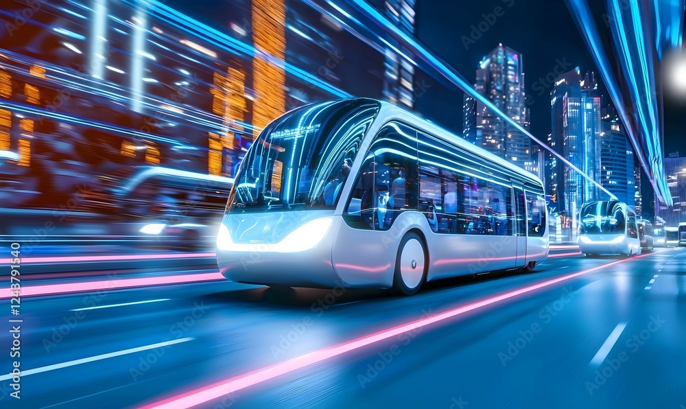 Fototapeta premium Futuristic Electric Tram Moving Through a Vibrant Cityscape at Night