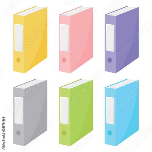 Vector illustration of colorful binders with office or school stationery supplies on white background. Binders are useful for organizing documents. School, conference, office supplies.