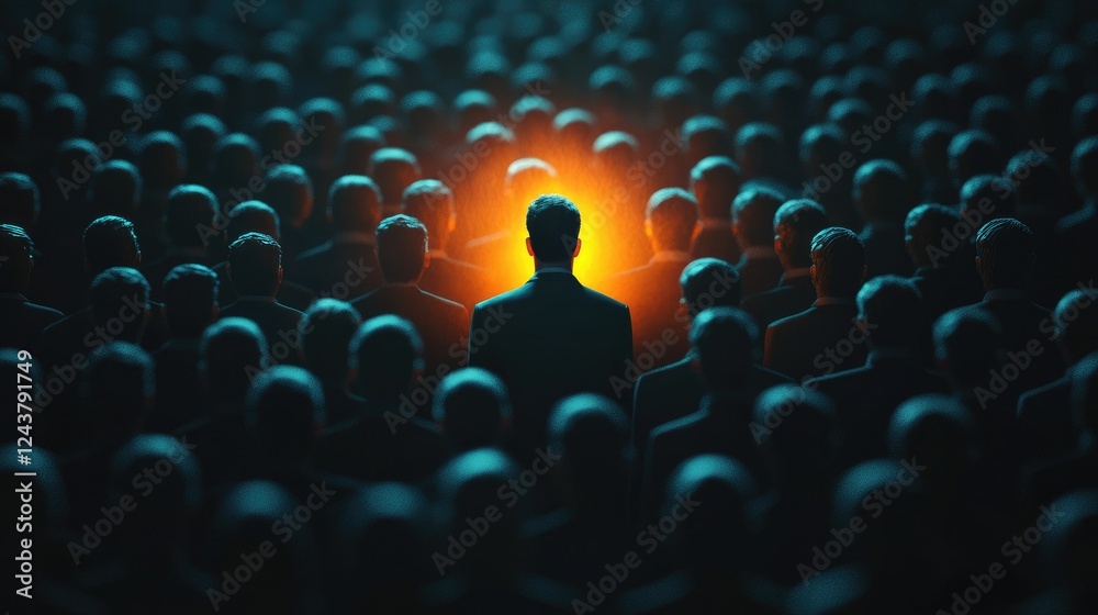 Obraz premium Competitive edge in business depicted through a businessman standing out from the crowd with glowing effect