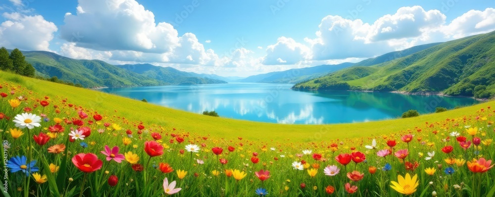 Naklejka premium Colorful meadow with a serene lake in the distance, scenery, water