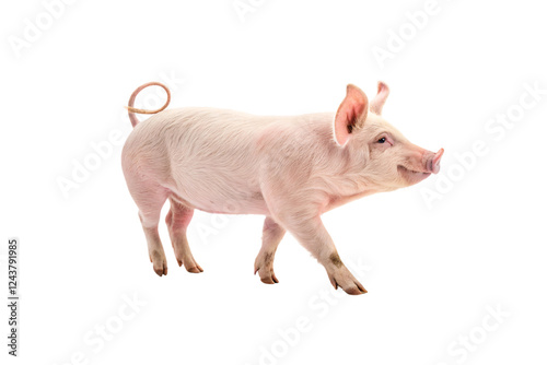 A pig appears in mid-stride, its body glows softly under clean lighting, with a perfect swirl in its tail