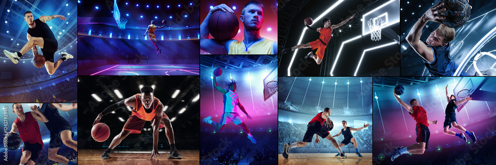© master1305 - Basketball energy. Players executing high jumps, dunks, and fast-paced moves in illuminated courts. Precision, speed, and athletic power. Concept of professional sport, competition. Collage.
