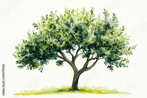Watercolor Illustration of a Lush Green Olive Tree on White Back
