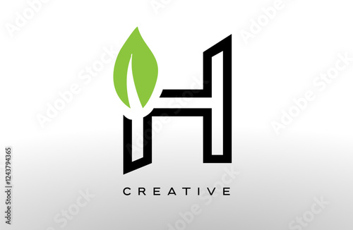 Wallpaper Mural Letter H logo design with green leaf made of black lines vector Torontodigital.ca