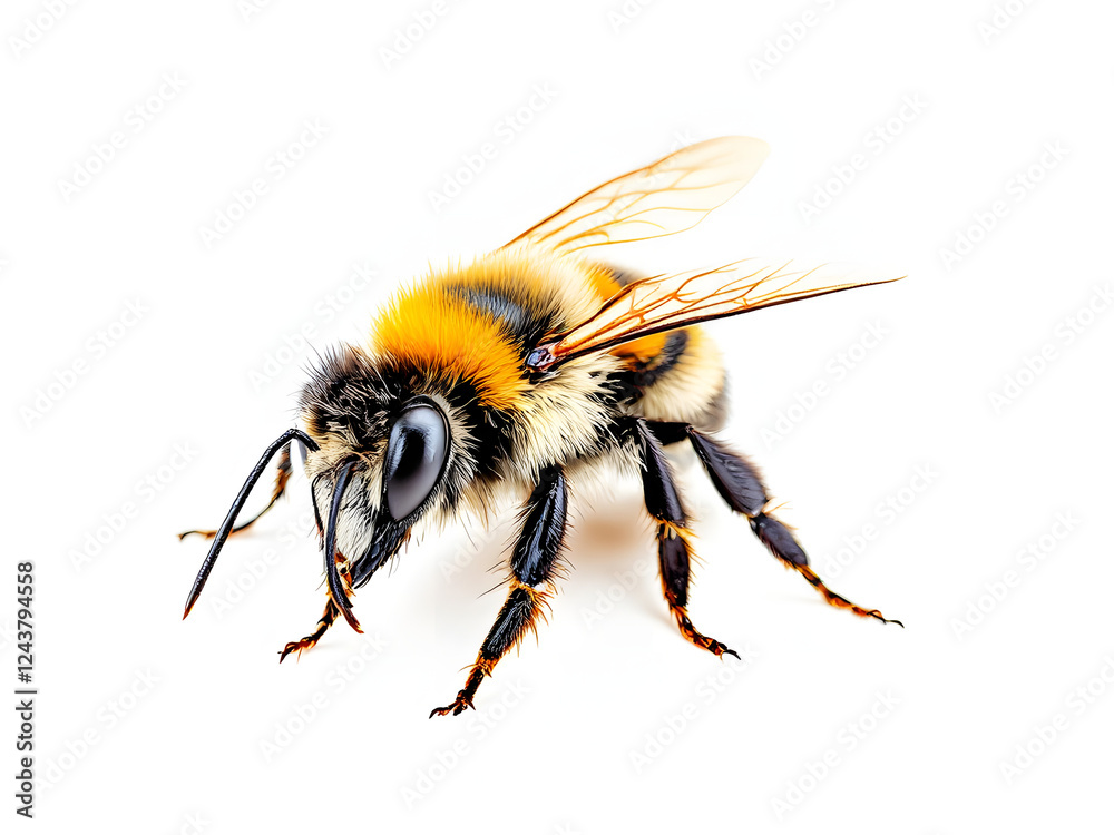 The detail bee turned to the left with yellow-black stripes—close-up view. The detail bee turned to the left with yellow-black stripes—close-up view.