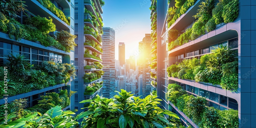 Urban greenery enhances cityscape with sustainable architecture during sunset in a modern metropolis Urban greenery enhances cityscape with sustainable architecture during sunset in a modern metropolis