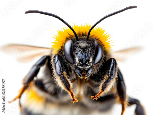 Bee face close-up, view. Detail bee face with antennae