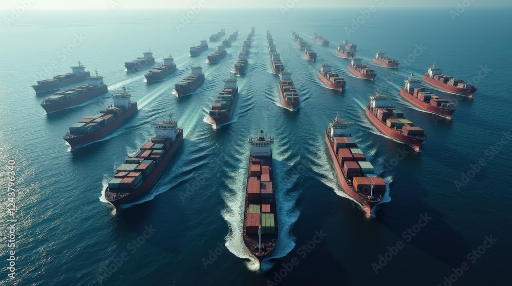 Fototapeta premium Large Fleet of Cargo Ships Navigating Through Open Sea During Daylight Hours
