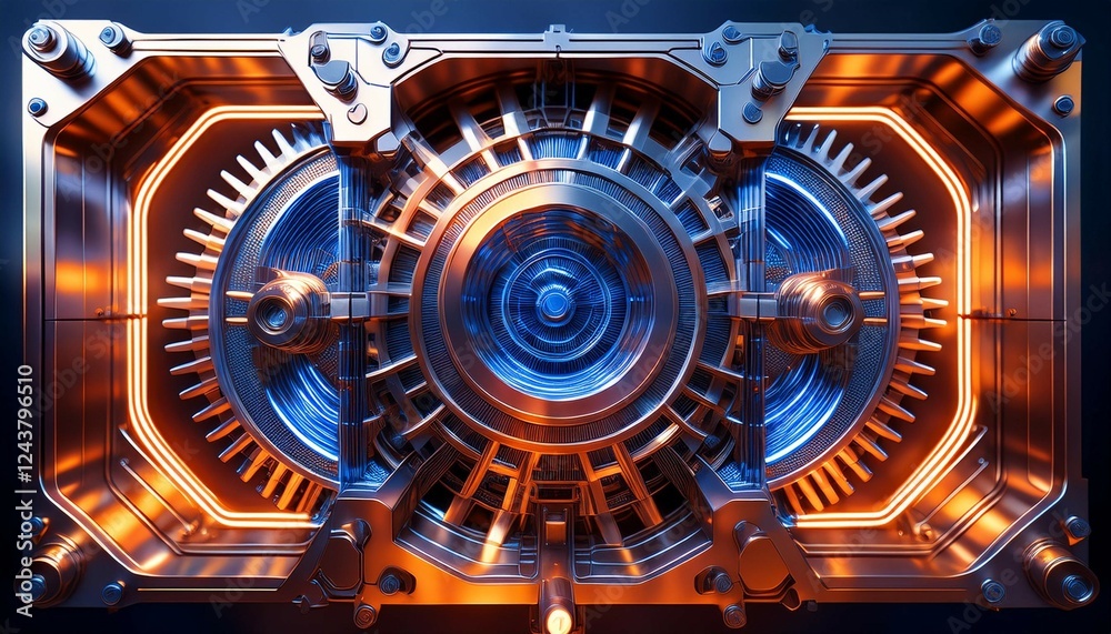 a close up view of a metallic gear assembly with glowing components showcasing intricate details and a futuristic aesthetic with blue and orange tones a close up view of a metallic gear assembly with glowing components showcasing intricate details and a futuristic aesthetic with blue and orange tones