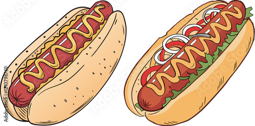 Realistic vector illustration of a hot dog, featuring ketchup and mustard, highlighting its appetizing appearance