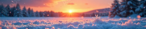 Frosty landscape with snowflakes falling in the fading light of sunset, peaceful, serene photo