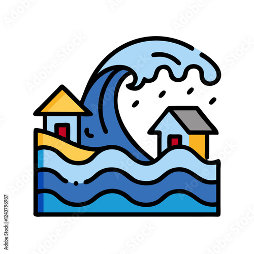 Tsunami wave impacting coastal houses in colorful illustration