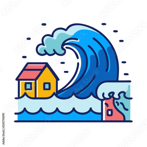 colorful illustration of tsunami wave approaching house