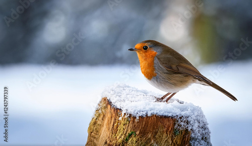Tableau sur toile robin bird on wood in snow
