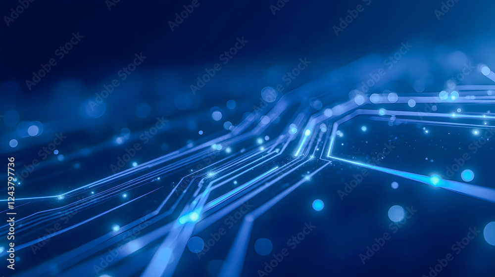 Obraz premium Futuristic Technology Background with Glowing Lines and Dots in Blue, Abstract Digital Network and Circuit Design Concept