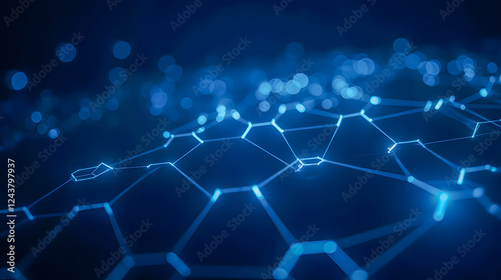 Abstract futuristic digital network illustration representing connections and technology in glowing blue colors on a dark background