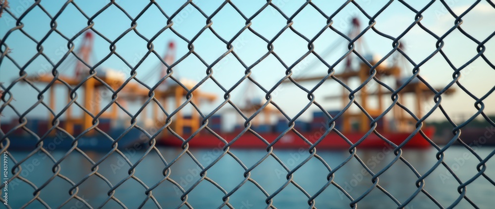 Fototapeta premium Industrial Port Scene With Cargo Ships Behind Chain-Link Fence at Sunset