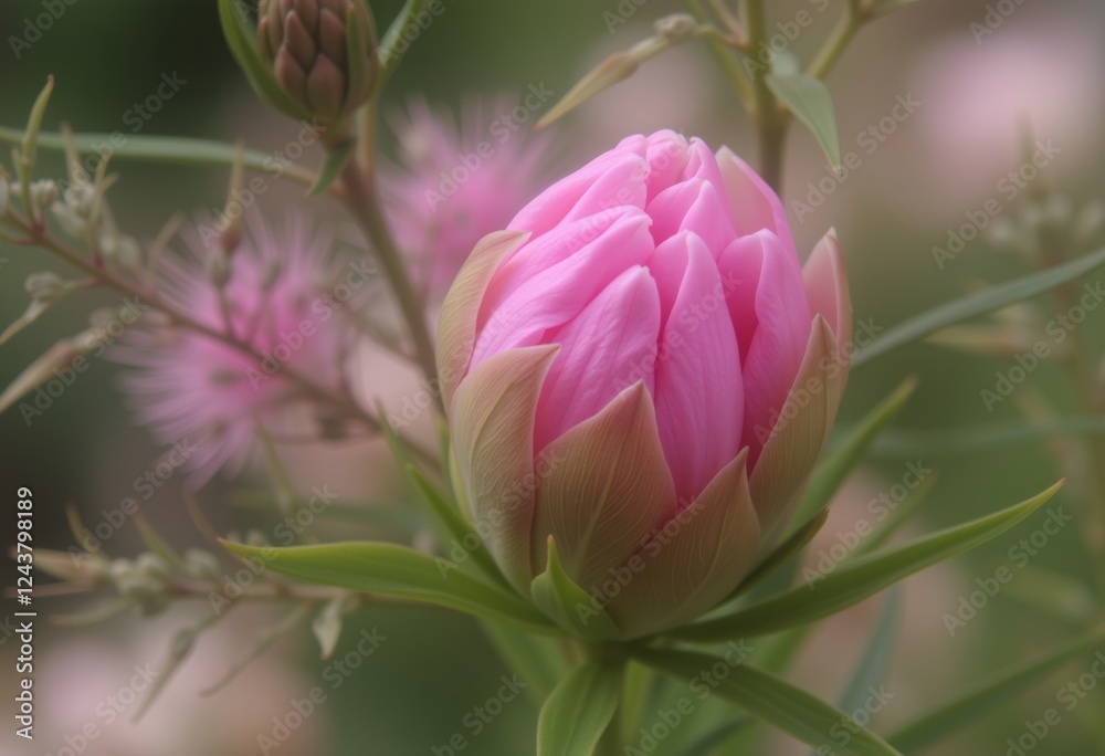 Obraz premium A pink peony bud captured in soft focus, surrounded by other flowers and greenery, creating a dreamy and romantic scene.