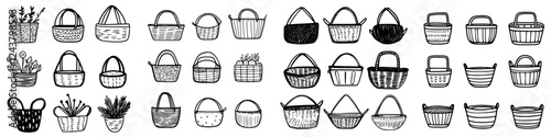 Collection of hand-drawn baskets featuring various designs, styles, and shapes for home decor or storage needs