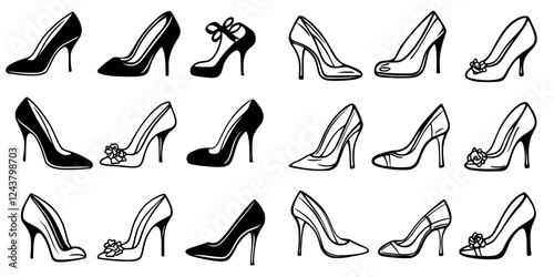 Stylish collection of high heels showcasing various designs and colors arranged in an artistic layout