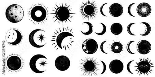 Various celestial designs featuring moons and suns in black and white artistic styles