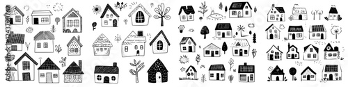 Charming collection of hand-drawn houses in various styles and designs, showcasing creativity and artistry
