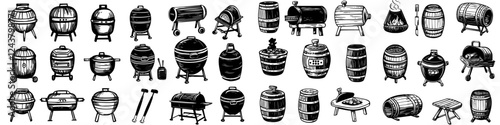 Various types of cooking equipment and barrels arranged in a pattern showcasing outdoor culinary essentials